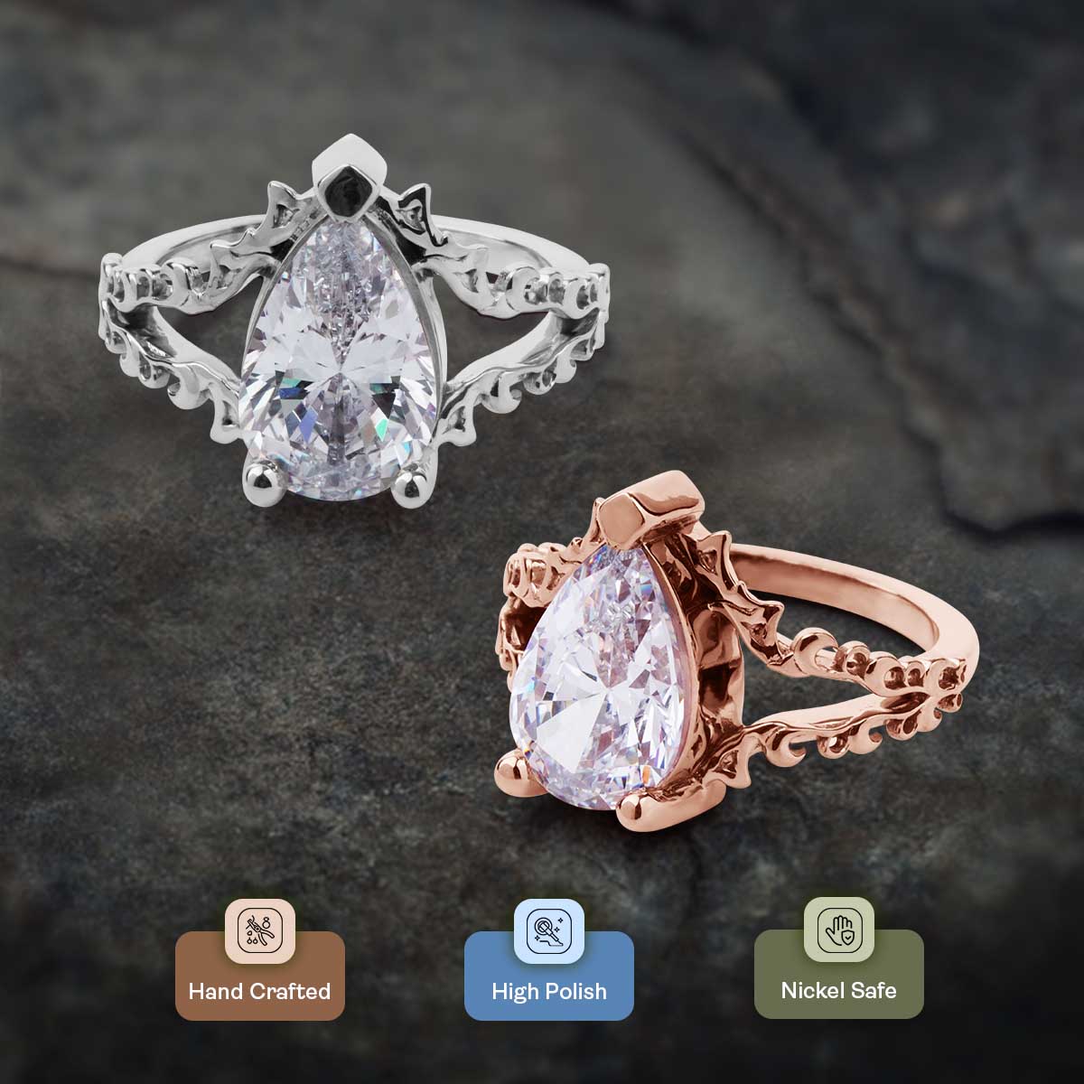 Solitaire Pear Cut Moissanite Art Nouveau Engagement Ring Teardrop Wedding Statement Split Shank Rose Gold