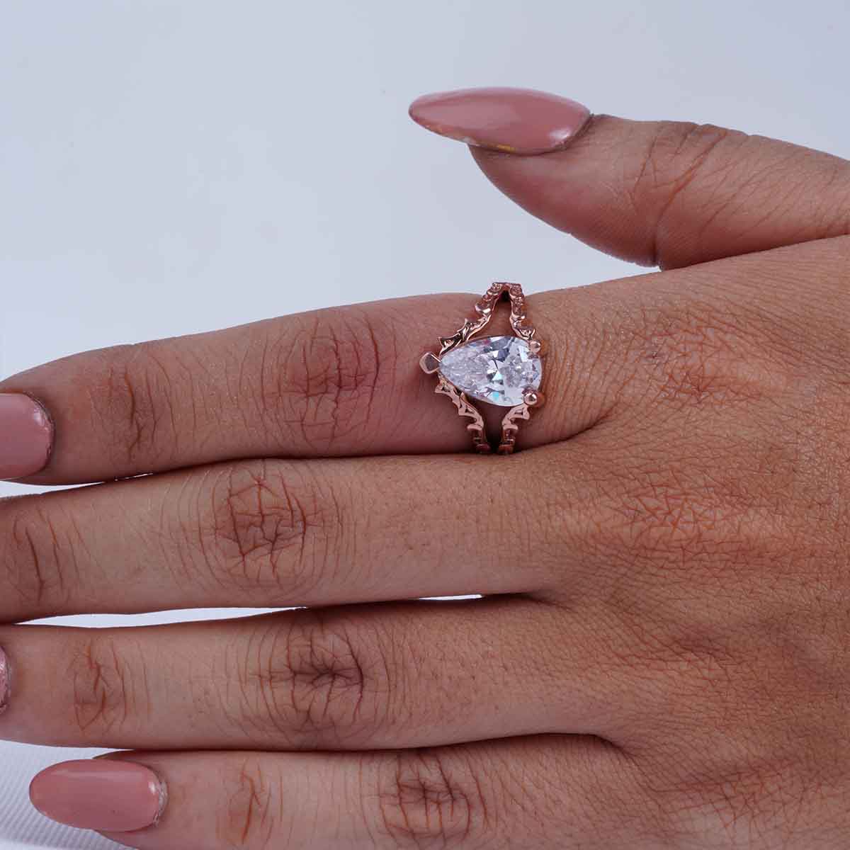 Solitaire Pear Cut Moissanite Art Nouveau Engagement Ring Teardrop Wedding Statement Split Shank Rose Gold