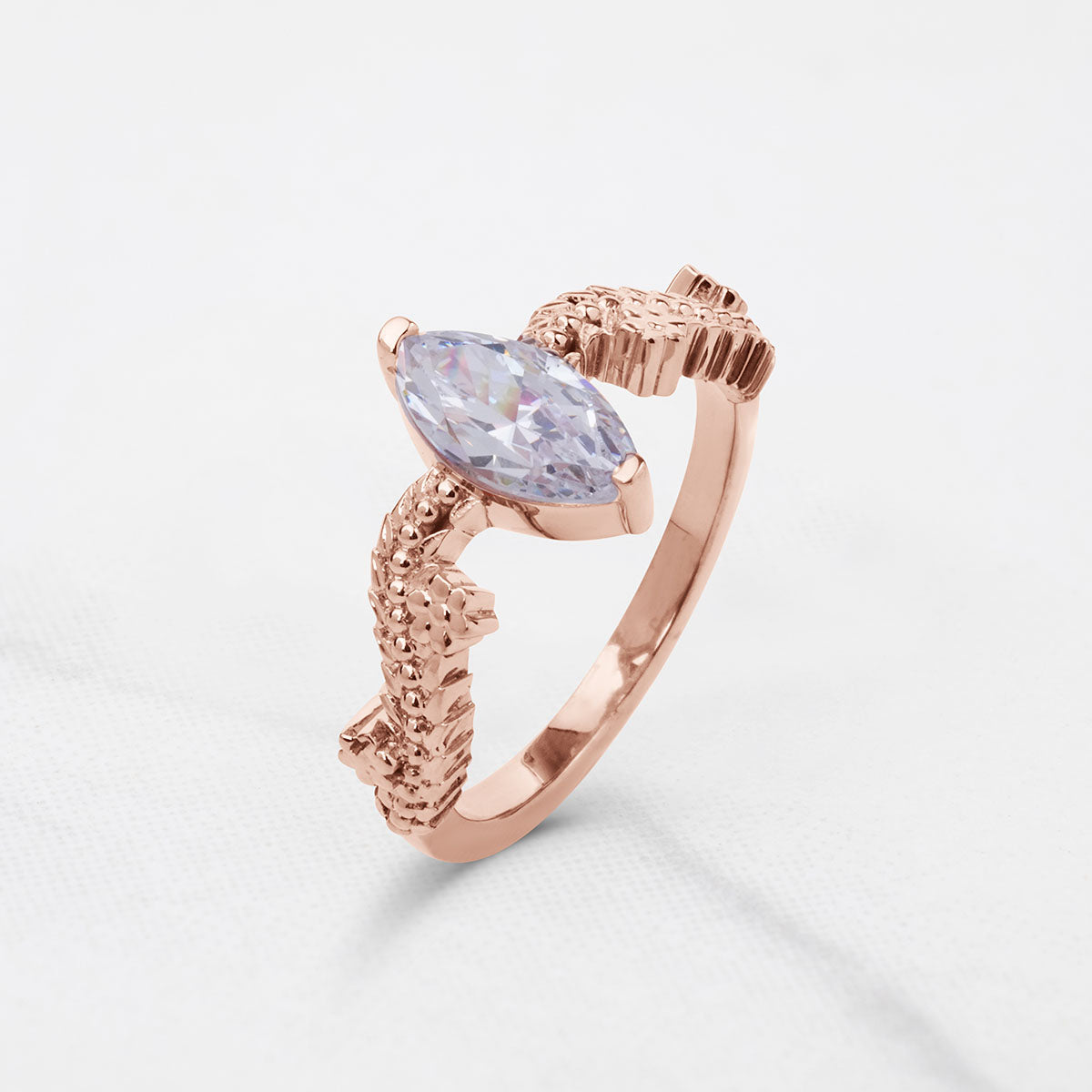 Marquise Cut Solitaire Moissanite Diamond Leaf Vine Art Nouveau Promise Engagement Ring Silver Rose Gold