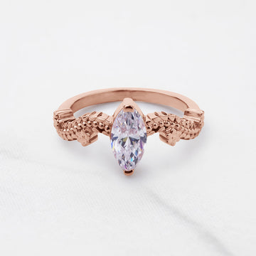 Marquise Cut Solitaire Moissanite Diamond Leaf Vine Art Nouveau Promise Engagement Ring Silver Rose Gold