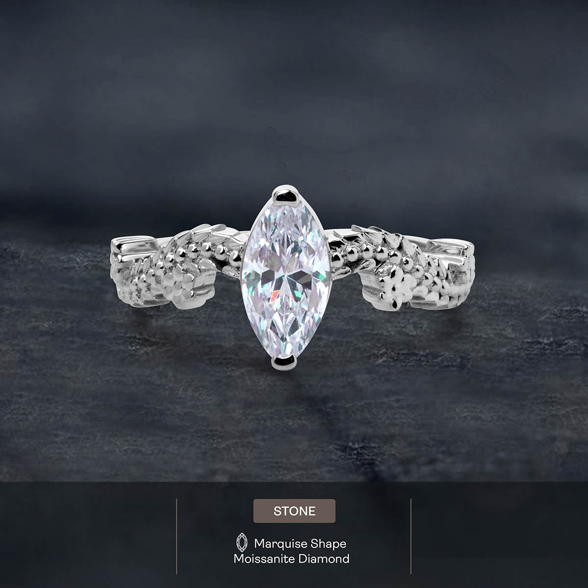 Marquise Cut Solitaire Moissanite Diamond Leaf Vine Art Nouveau Promise Engagement Ring Silver Rose Gold