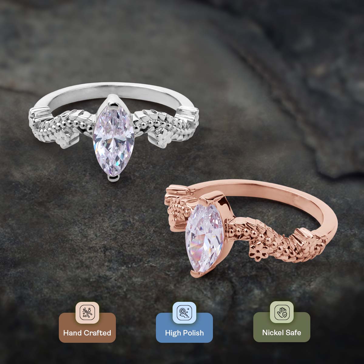 Marquise Cut Solitaire Moissanite Diamond Leaf Vine Art Nouveau Promise Engagement Ring Silver Rose Gold
