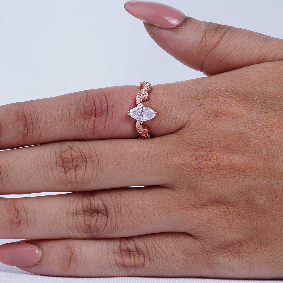 Marquise Cut Solitaire Moissanite Diamond Leaf Vine Art Nouveau Promise Engagement Ring Silver Rose Gold