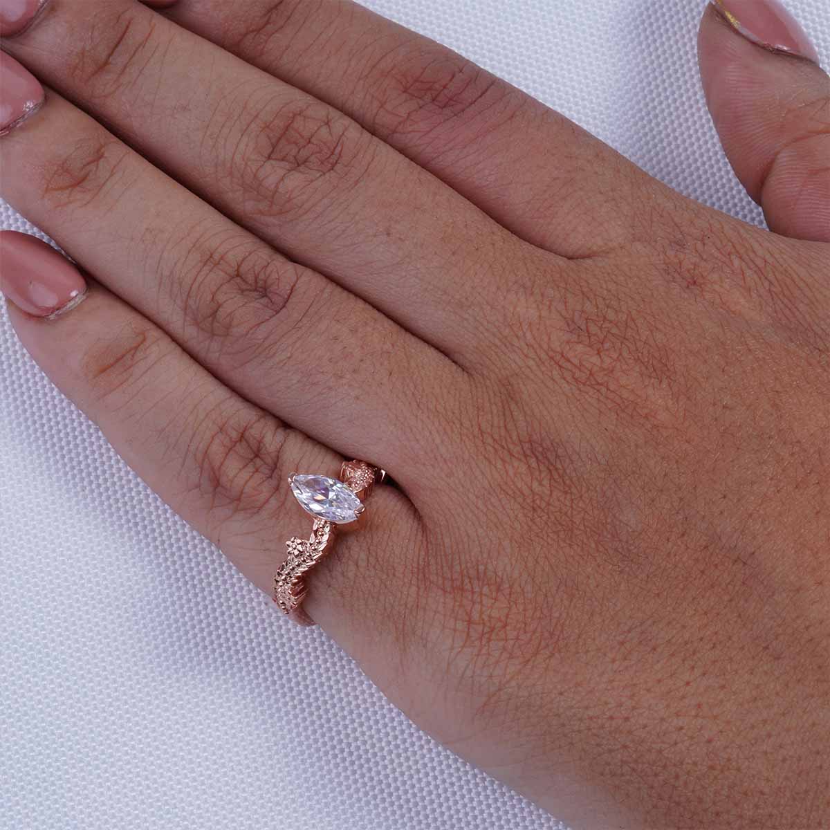 Marquise Cut Solitaire Moissanite Diamond Leaf Vine Art Nouveau Promise Engagement Ring Silver Rose Gold