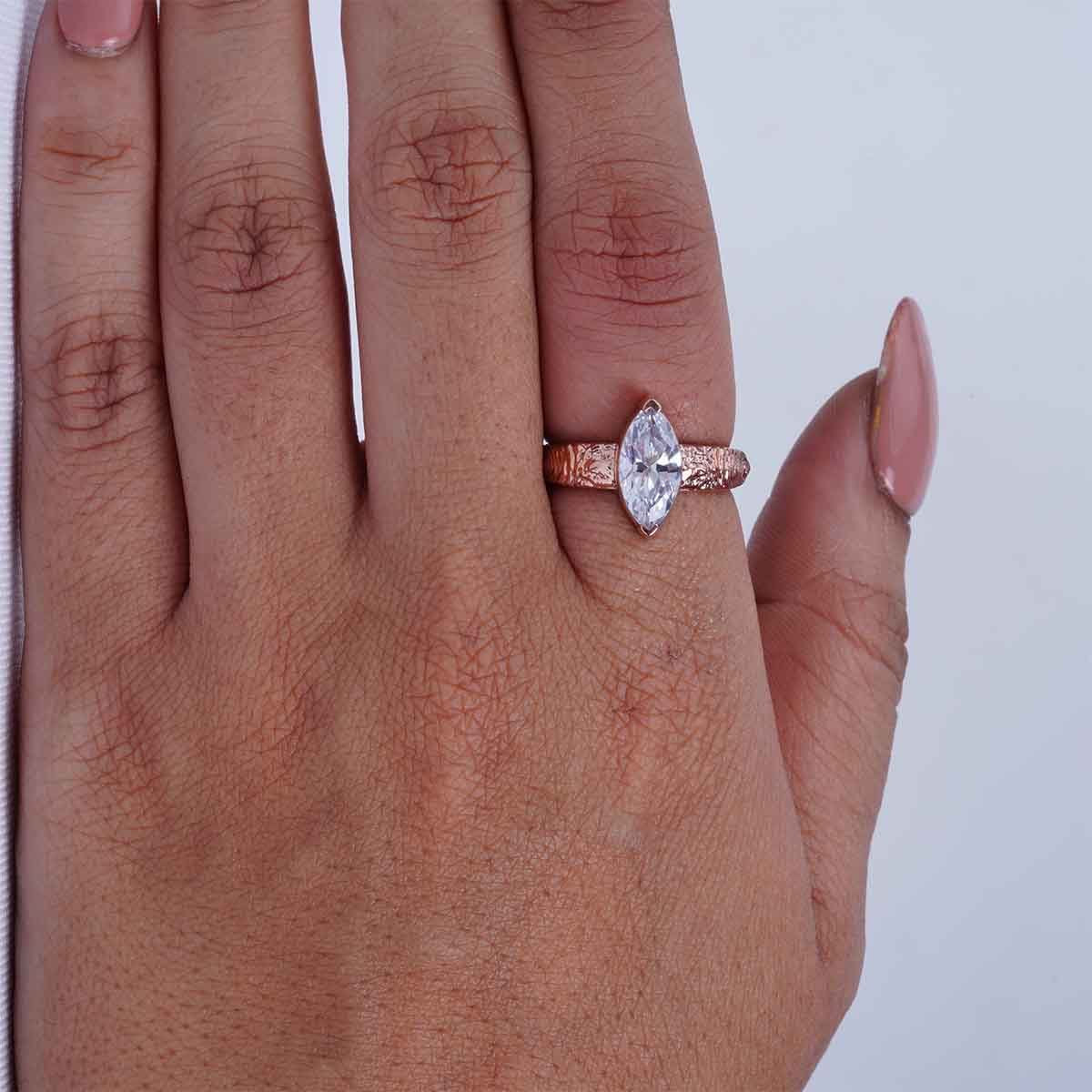 Textured Wedding Ring Marquise Cut CZ Diamond Rustic Engagement Ring