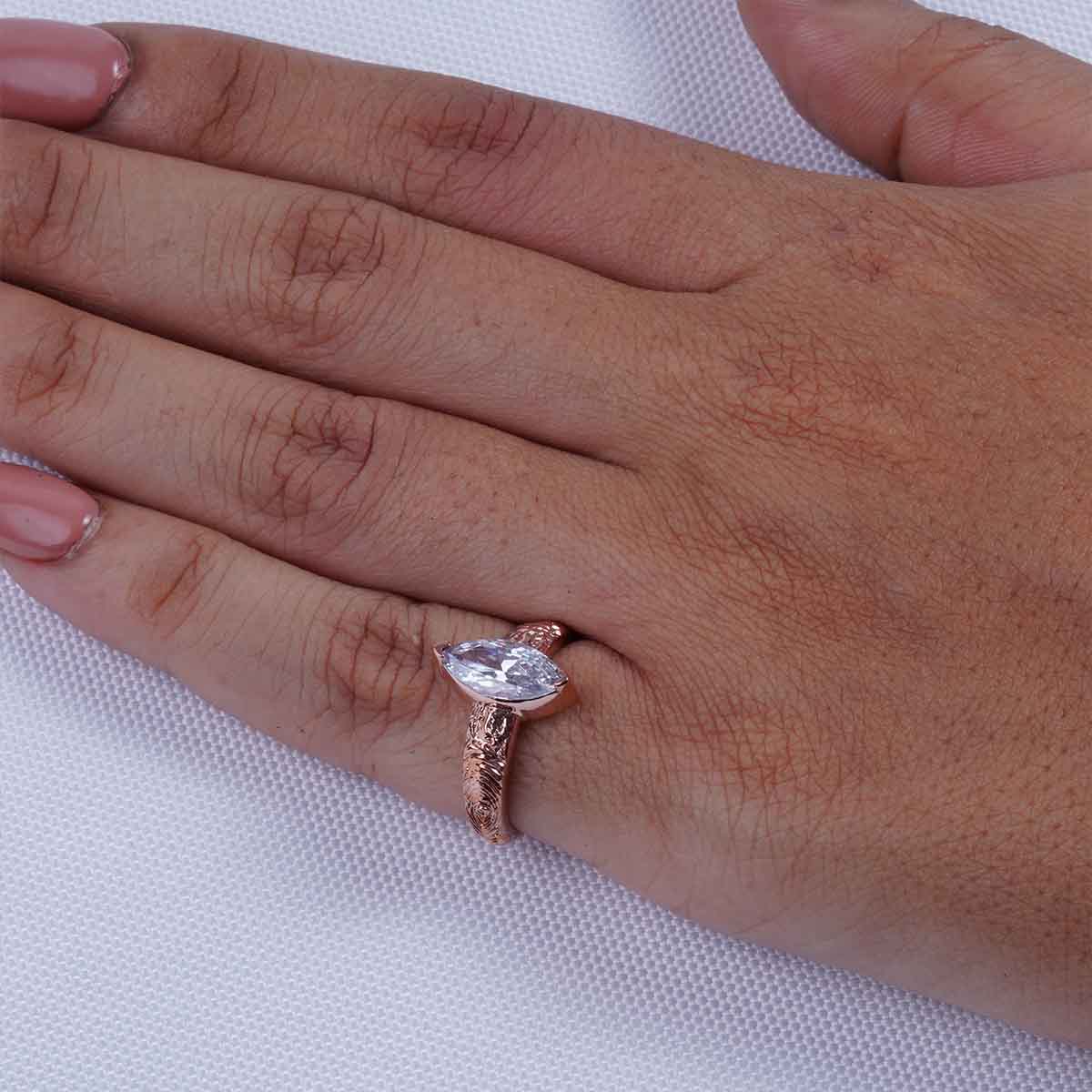 Textured Wedding Ring Marquise Cut CZ Diamond Rustic Engagement Ring