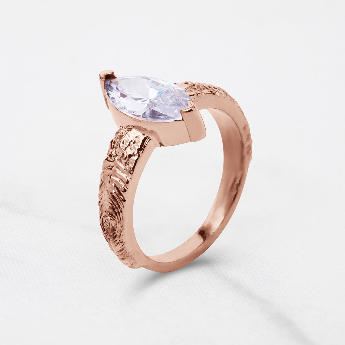 Rustic Textured Solitaire Marquise Cut Moissanite Diamond Engagement Wedding Statement Ring White Rose Gold