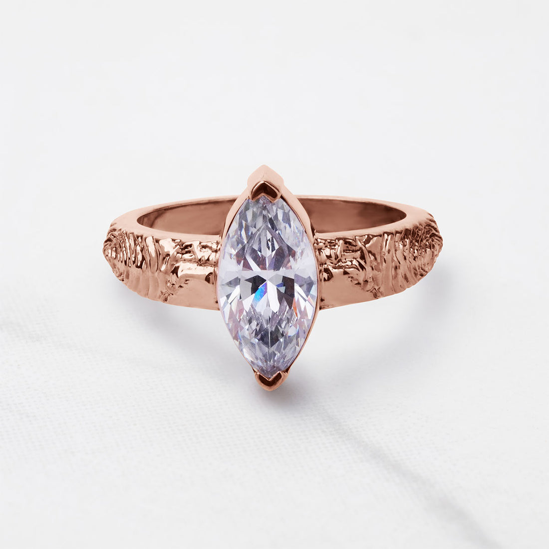 Rustic Textured Solitaire Marquise Cut Moissanite Diamond Engagement Wedding Statement Ring White Rose Gold