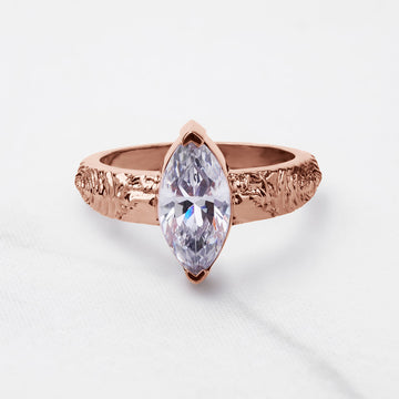 Rustic Textured Solitaire Marquise Cut Moissanite Diamond Engagement Wedding Statement Ring White Rose Gold