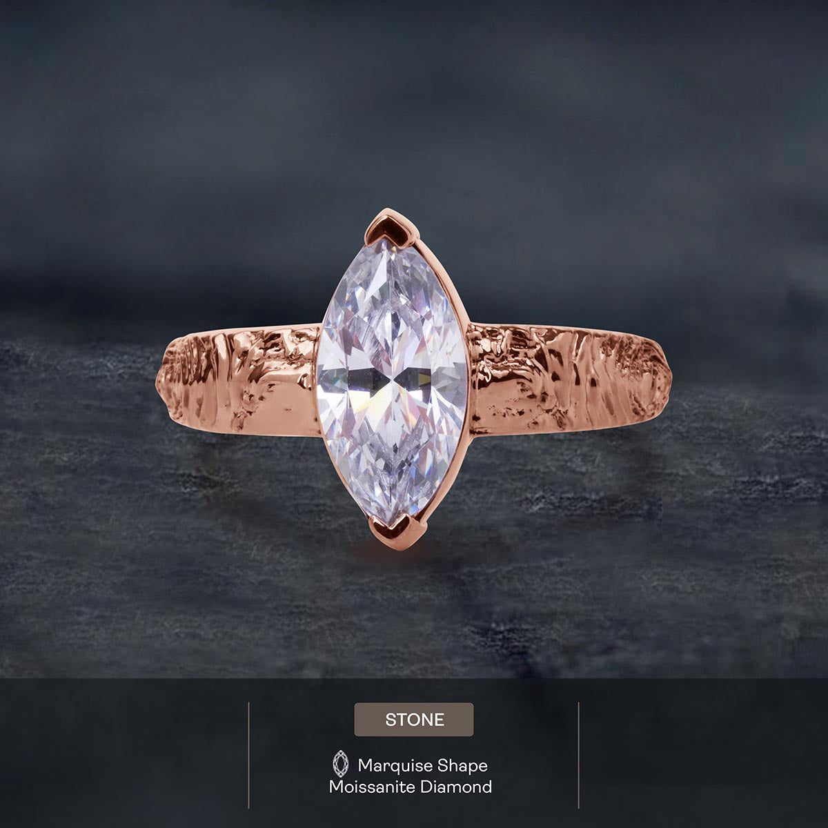 Rustic Textured Solitaire Marquise Cut Moissanite Diamond Engagement Wedding Statement Ring White Rose Gold
