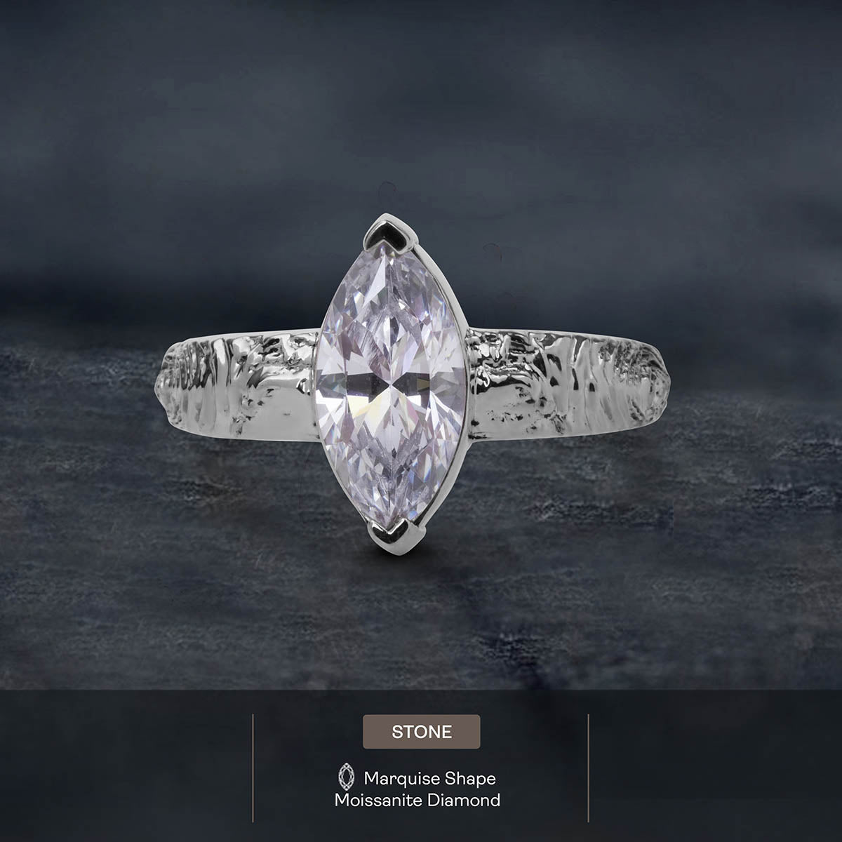 Rustic Textured Ring Solitaire Marquise Moissanite Engagement Ring