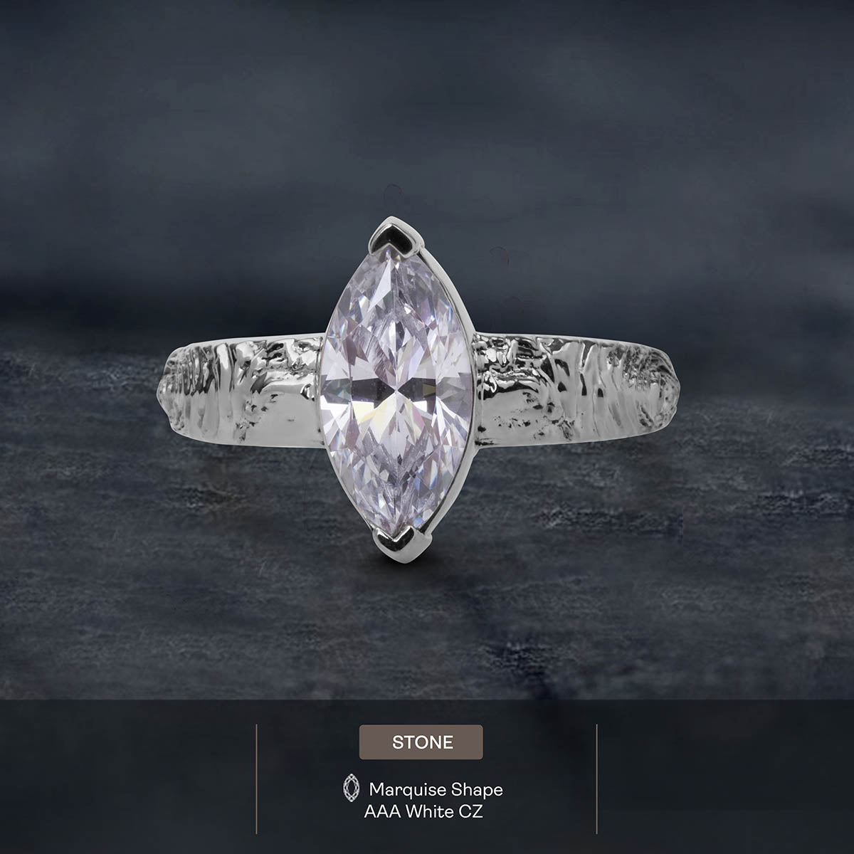 Textured Wedding Ring Marquise Cut CZ Diamond Rustic Engagement Ring