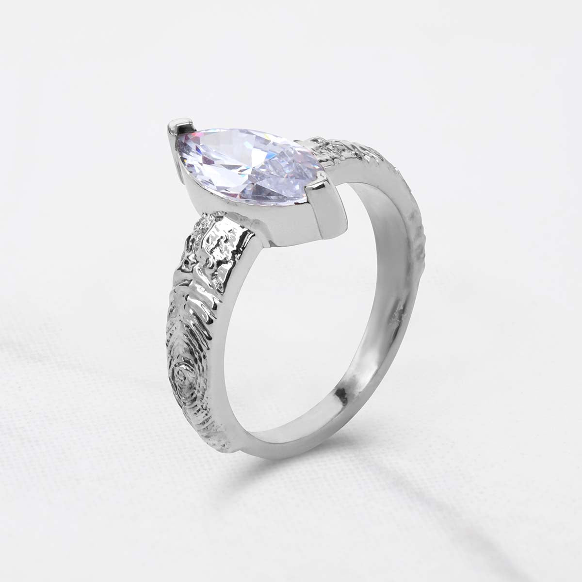 Rustic Textured Solitaire Marquise Cut Moissanite Diamond Engagement Wedding Statement Ring White Rose Gold