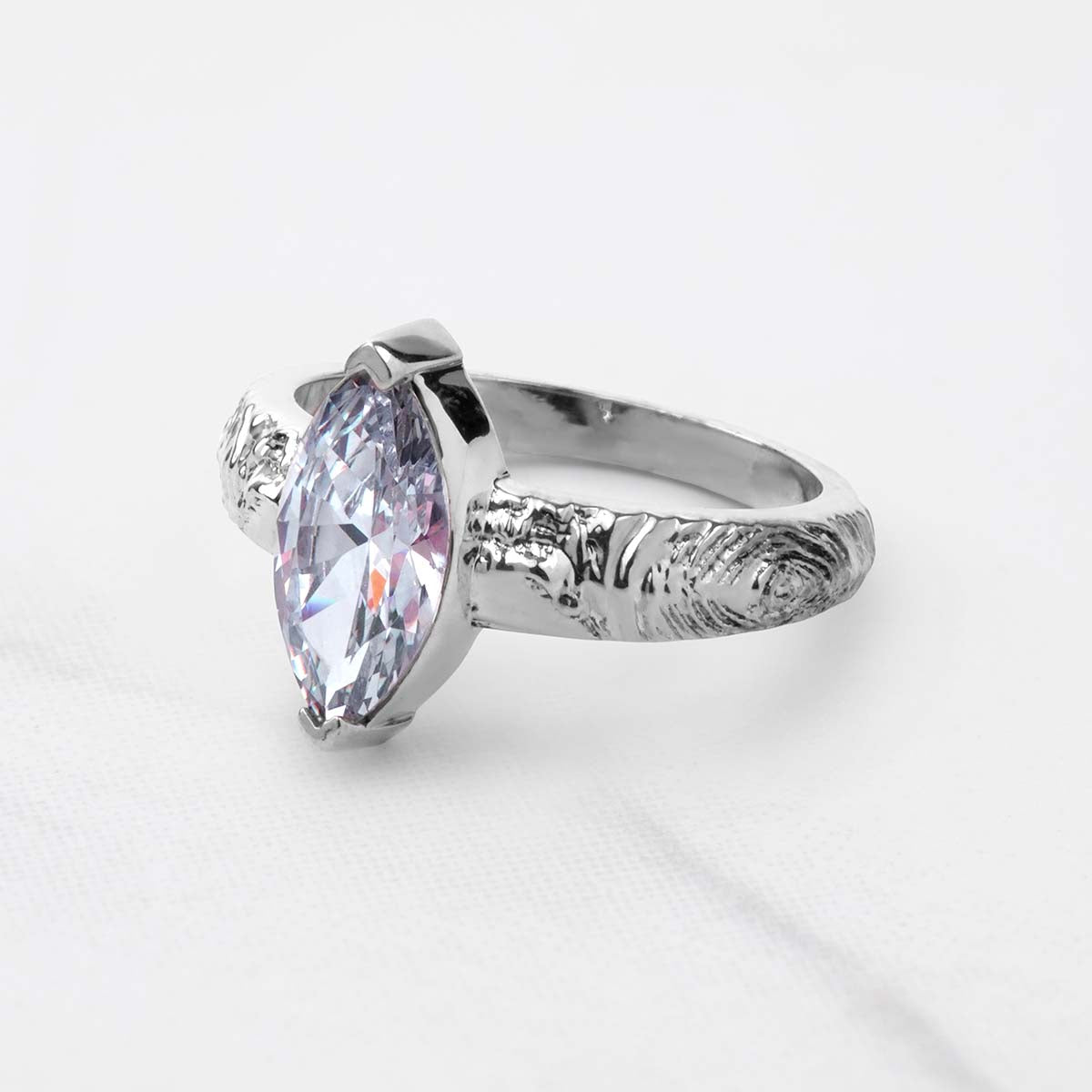 Rustic Textured Solitaire Marquise Cut Moissanite Diamond Engagement Wedding Statement Ring White Rose Gold