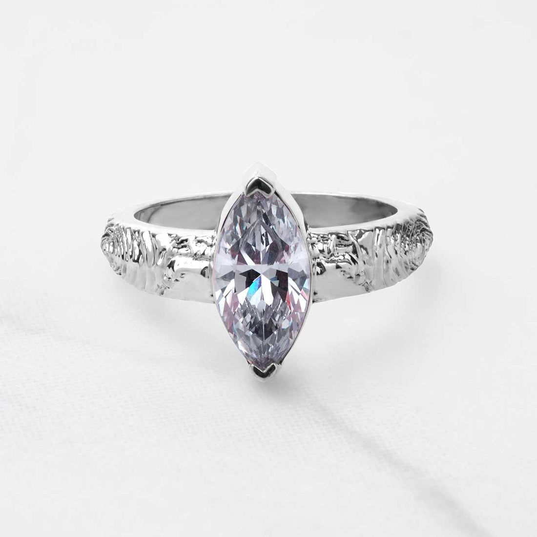 Rustic Textured Solitaire Marquise Cut Moissanite Diamond Engagement Wedding Statement Ring White Rose Gold