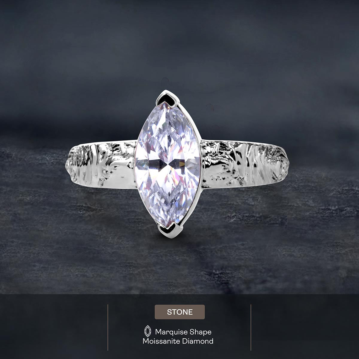 Rustic Textured Solitaire Marquise Cut Moissanite Diamond Engagement Wedding Statement Ring White Rose Gold