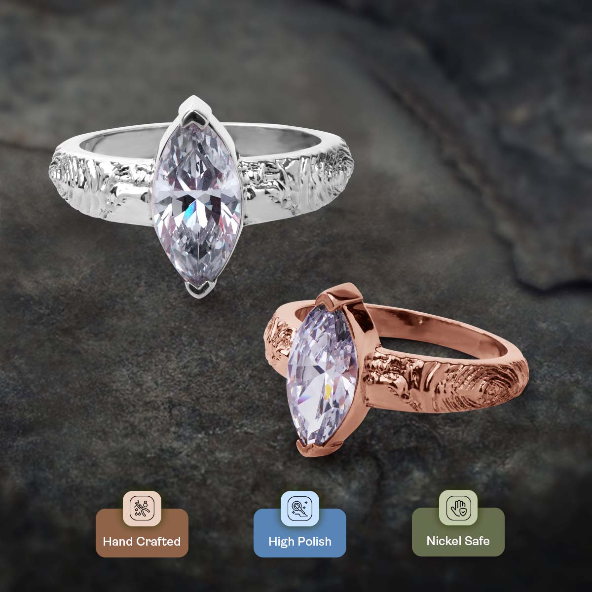 Rustic Textured Solitaire Marquise Cut Moissanite Diamond Engagement Wedding Statement Ring White Rose Gold