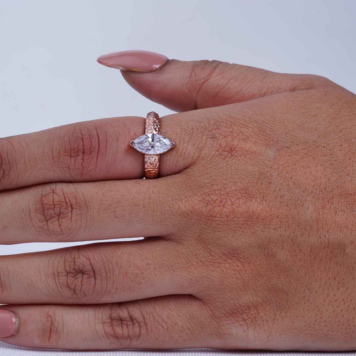 Rustic Textured Solitaire Marquise Cut Moissanite Diamond Engagement Wedding Statement Ring White Rose Gold