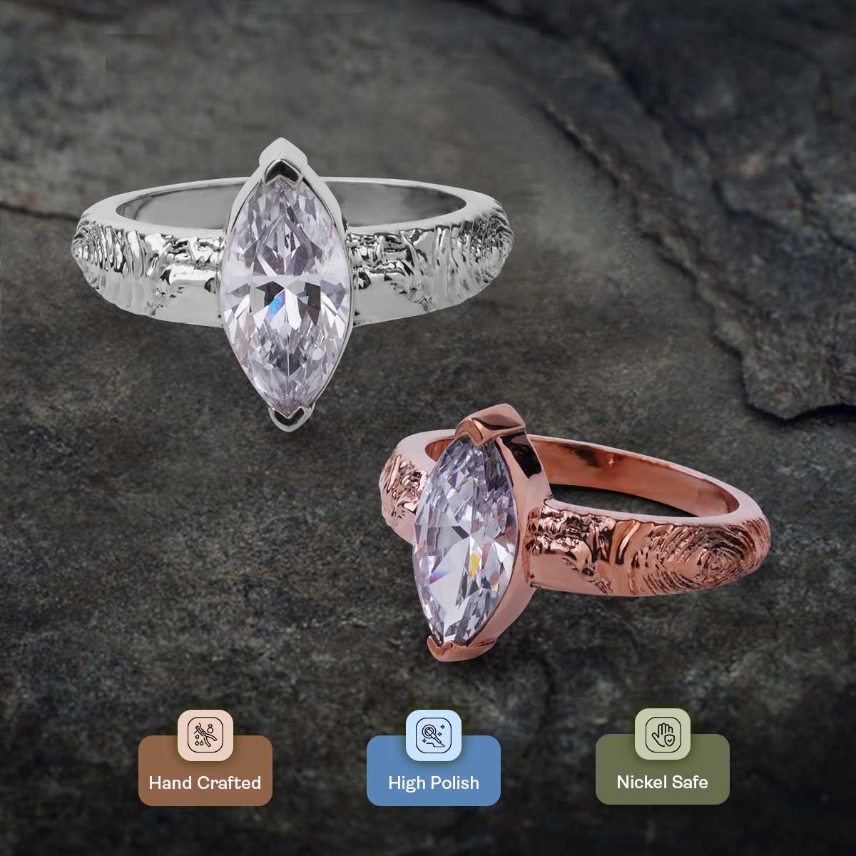 Textured Wedding Ring Marquise Cut CZ Diamond Rustic Engagement Ring