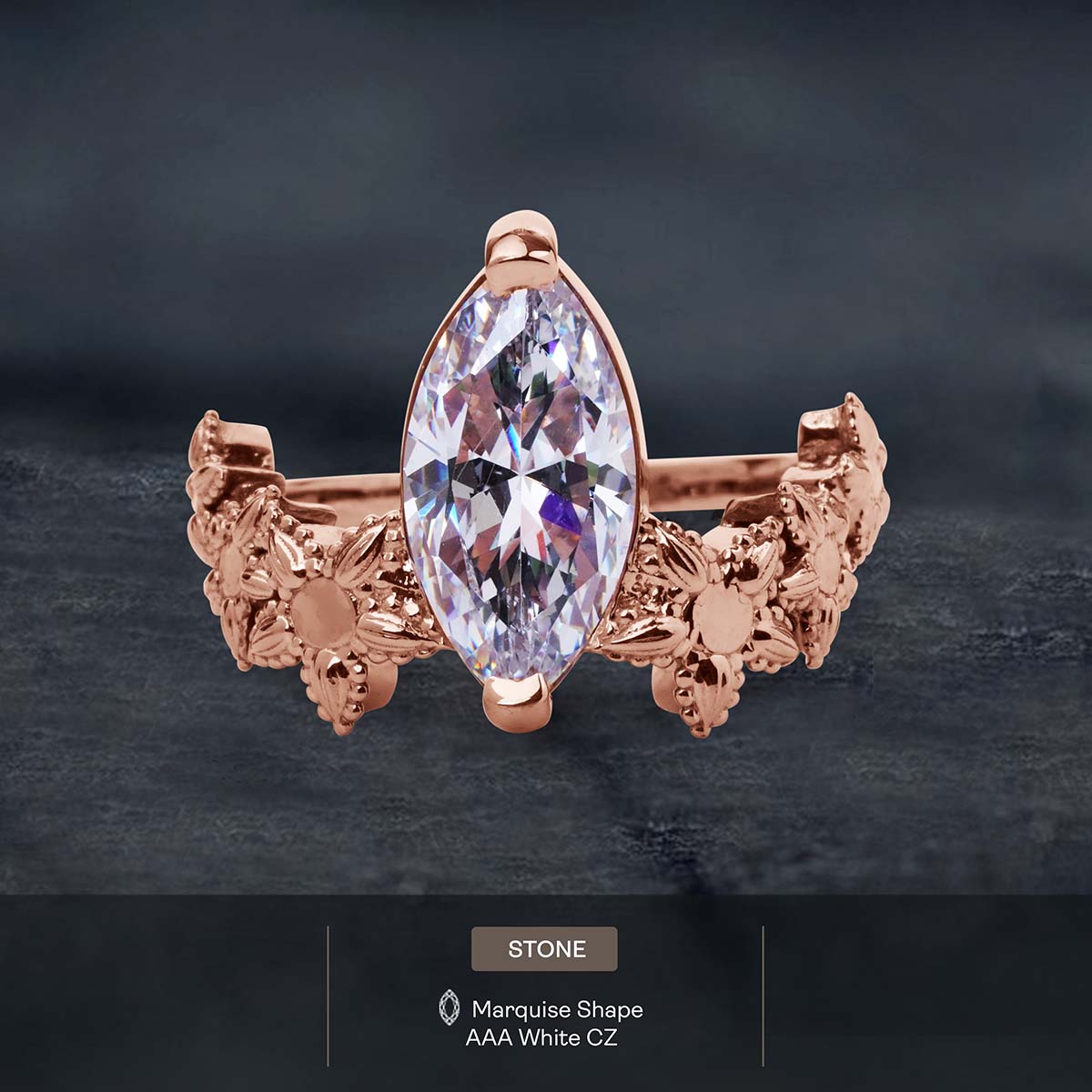 Marquise Cut Solitaire Diamond Art Deco Engagement Statement Ring Silver Rose Gold