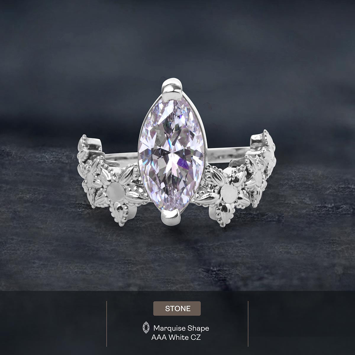 Marquise Cut Solitaire Diamond Art Deco Engagement Statement Ring Silver Rose Gold