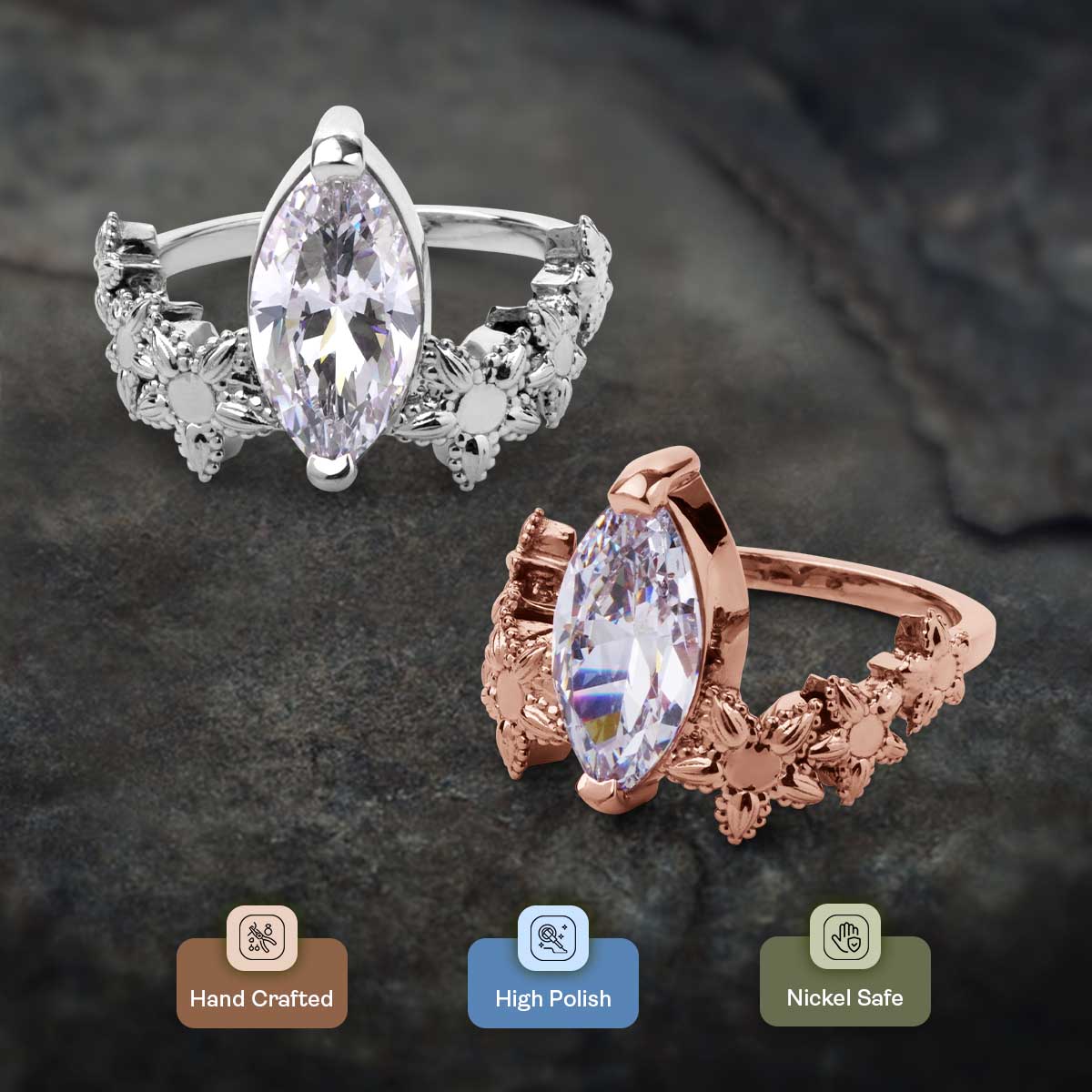 Marquise Cut Solitaire Moissanite Diamond Art Deco Engagement Statement Ring Silver Rose Gold