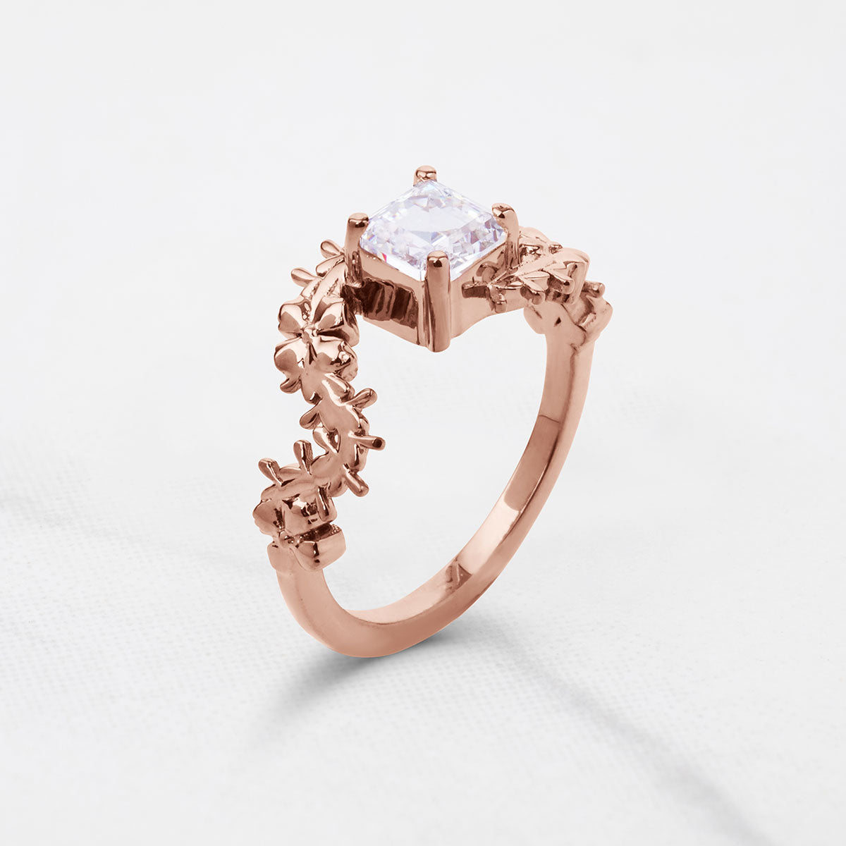 Solitaire  Asscher Cut Moissanite Floral Art Nouveau Nature Inspired Engagement Promise Wedding Rings White Rose Gold