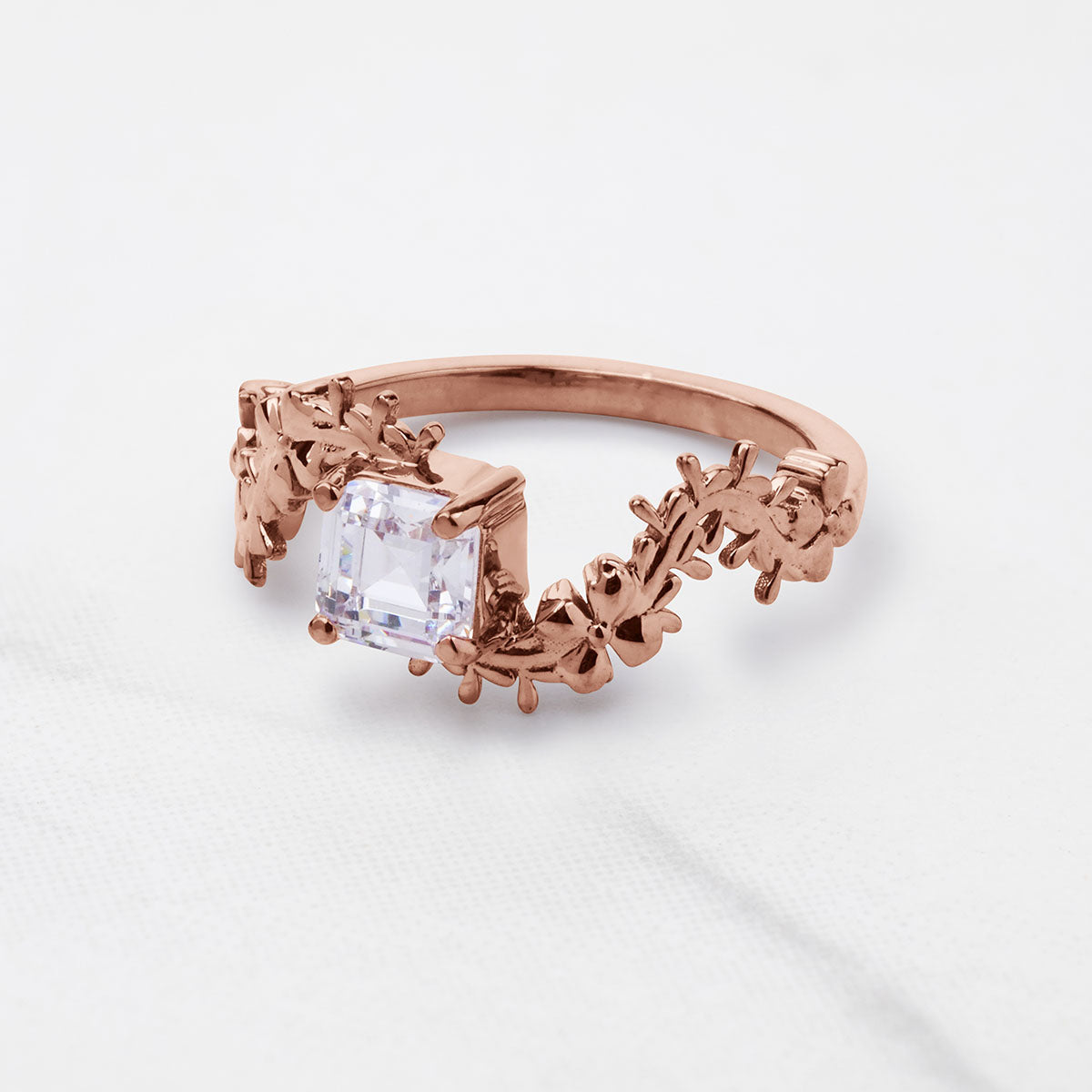 Solitaire  Asscher Cut Moissanite Floral Art Nouveau Nature Inspired Engagement Promise Wedding Rings White Rose Gold