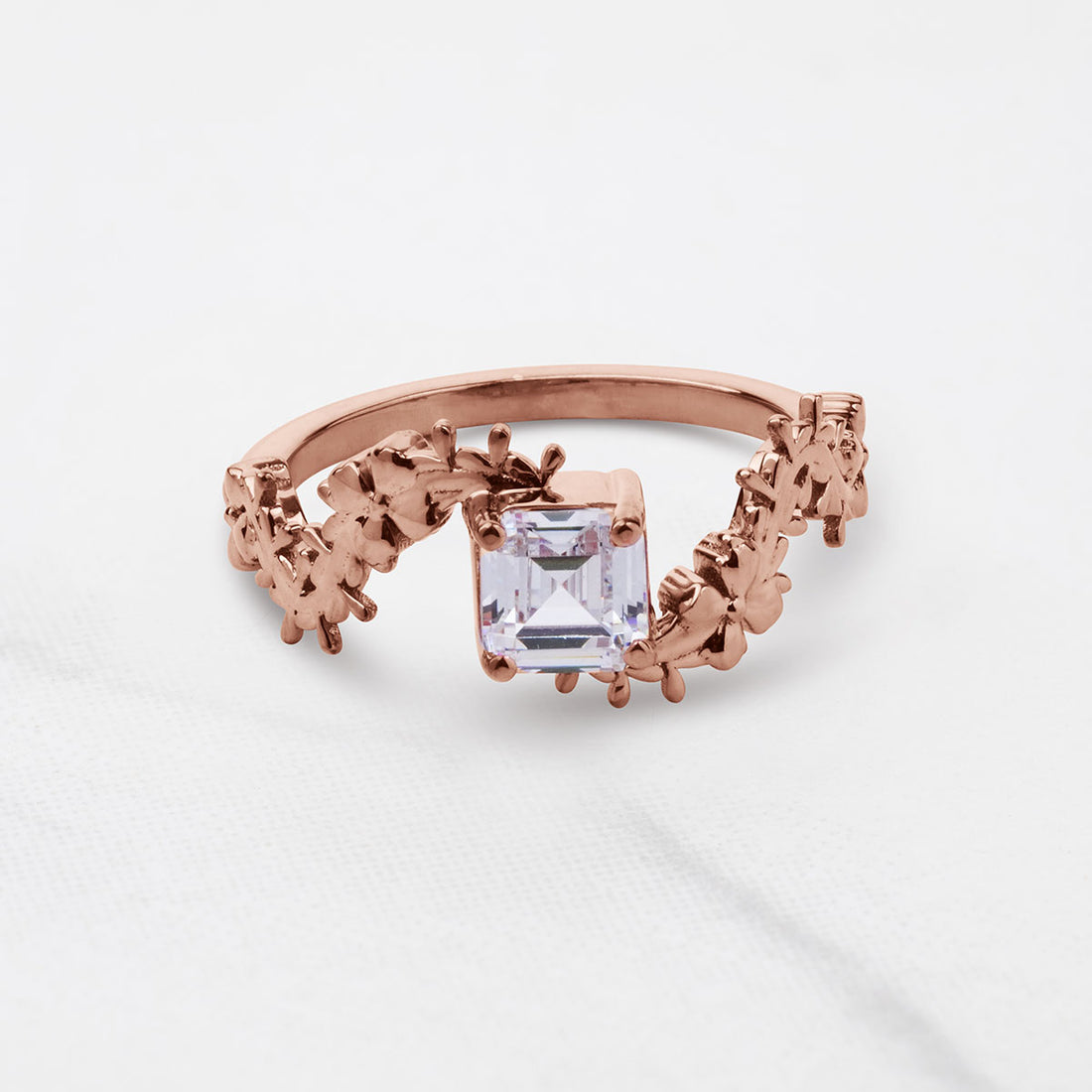 Solitaire  Asscher Cut Moissanite Floral Art Nouveau Nature Inspired Engagement Promise Wedding Rings White Rose Gold