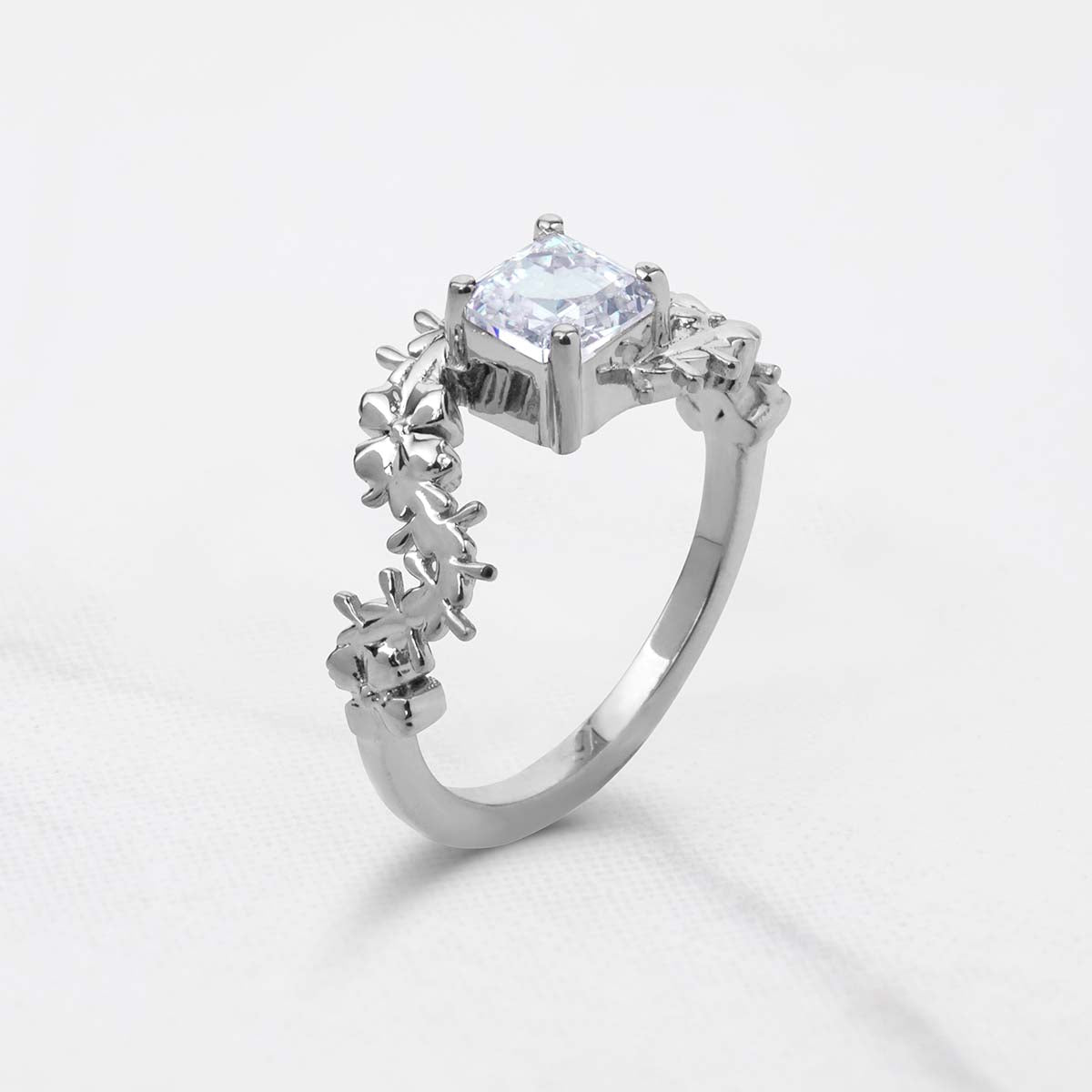 Solitaire  Asscher Cut Moissanite Floral Art Nouveau Nature Inspired Engagement Promise Wedding Rings White Rose Gold