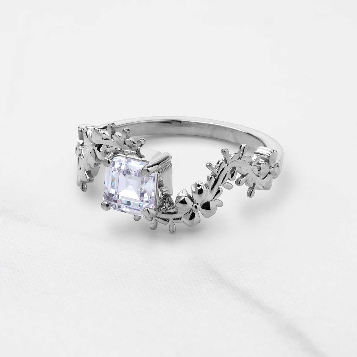 Solitaire  Asscher Cut Moissanite Floral Art Nouveau Nature Inspired Engagement Promise Wedding Rings White Rose Gold
