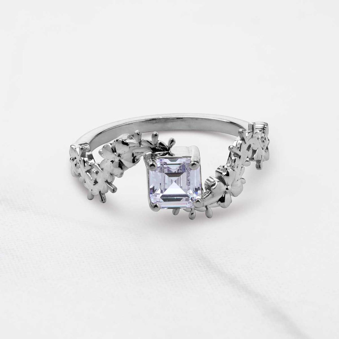 Solitaire  Asscher Cut Moissanite Floral Art Nouveau Nature Inspired Engagement Promise Wedding Rings White Rose Gold