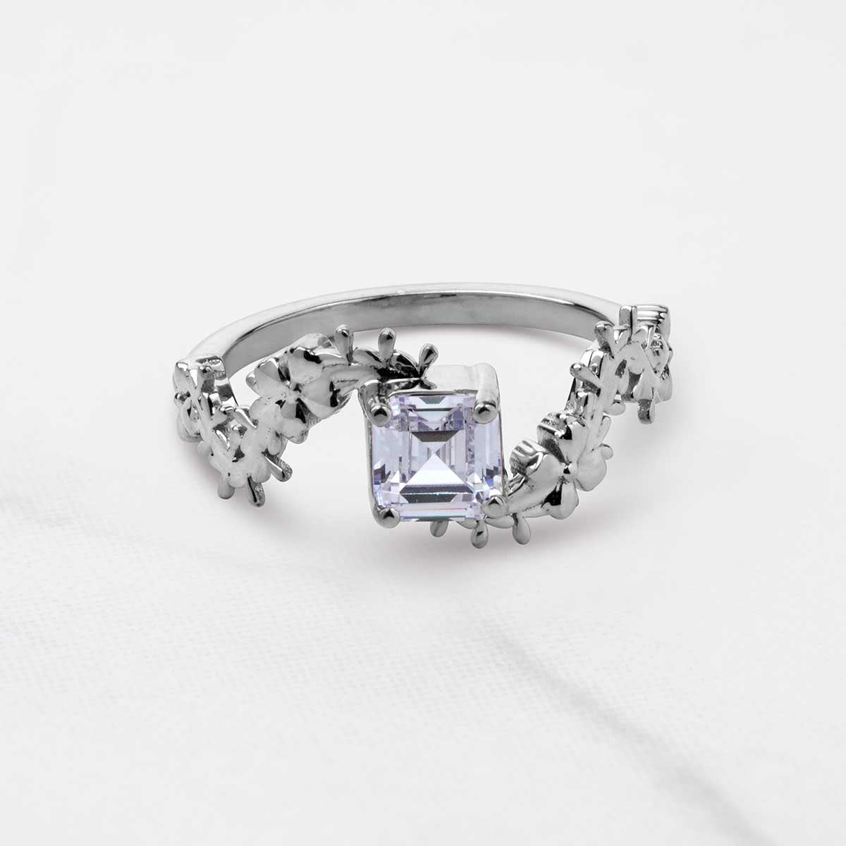 Solitaire  Asscher Cut Moissanite Floral Art Nouveau Nature Inspired Engagement Promise Wedding Rings White Rose Gold