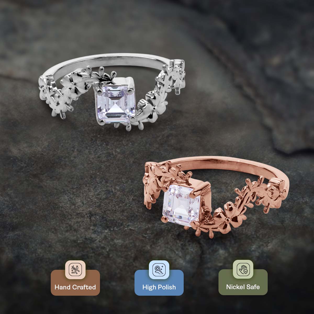 Solitaire  Asscher Cut Moissanite Floral Art Nouveau Nature Inspired Engagement Promise Wedding Rings White Rose Gold