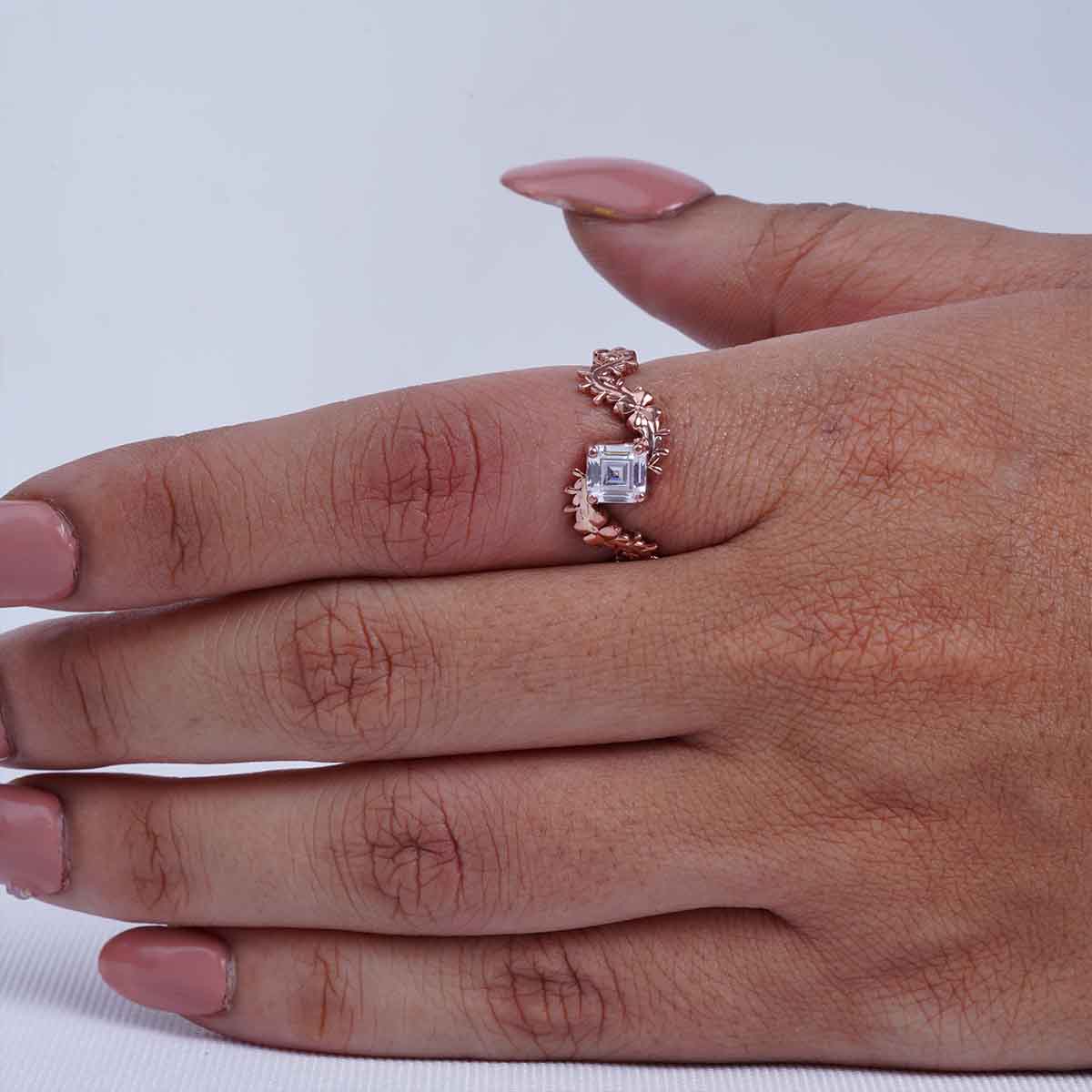 Solitaire  Asscher Cut Moissanite Floral Art Nouveau Nature Inspired Engagement Promise Wedding Rings White Rose Gold