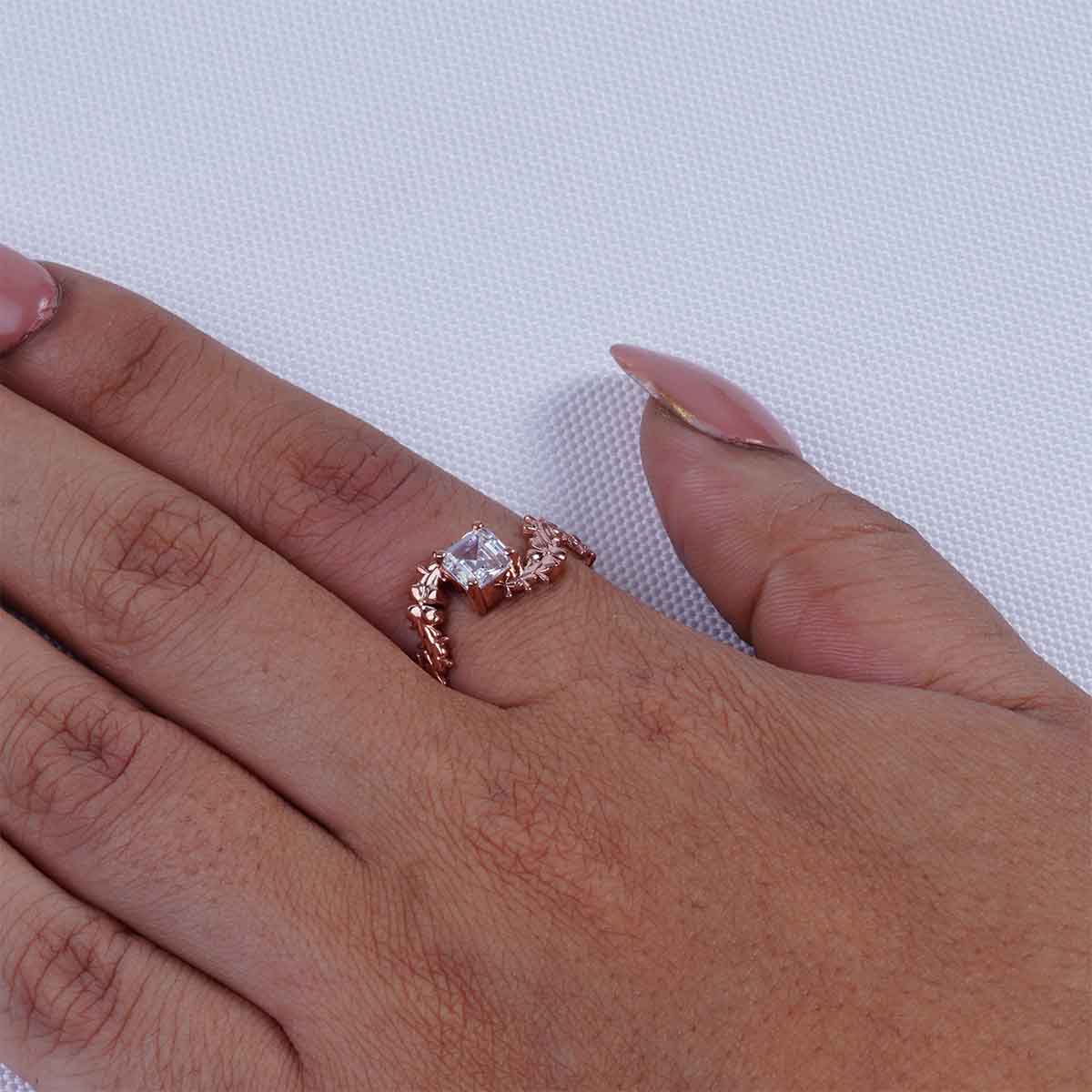 Solitaire  Asscher Cut Moissanite Floral Art Nouveau Nature Inspired Engagement Promise Wedding Rings White Rose Gold