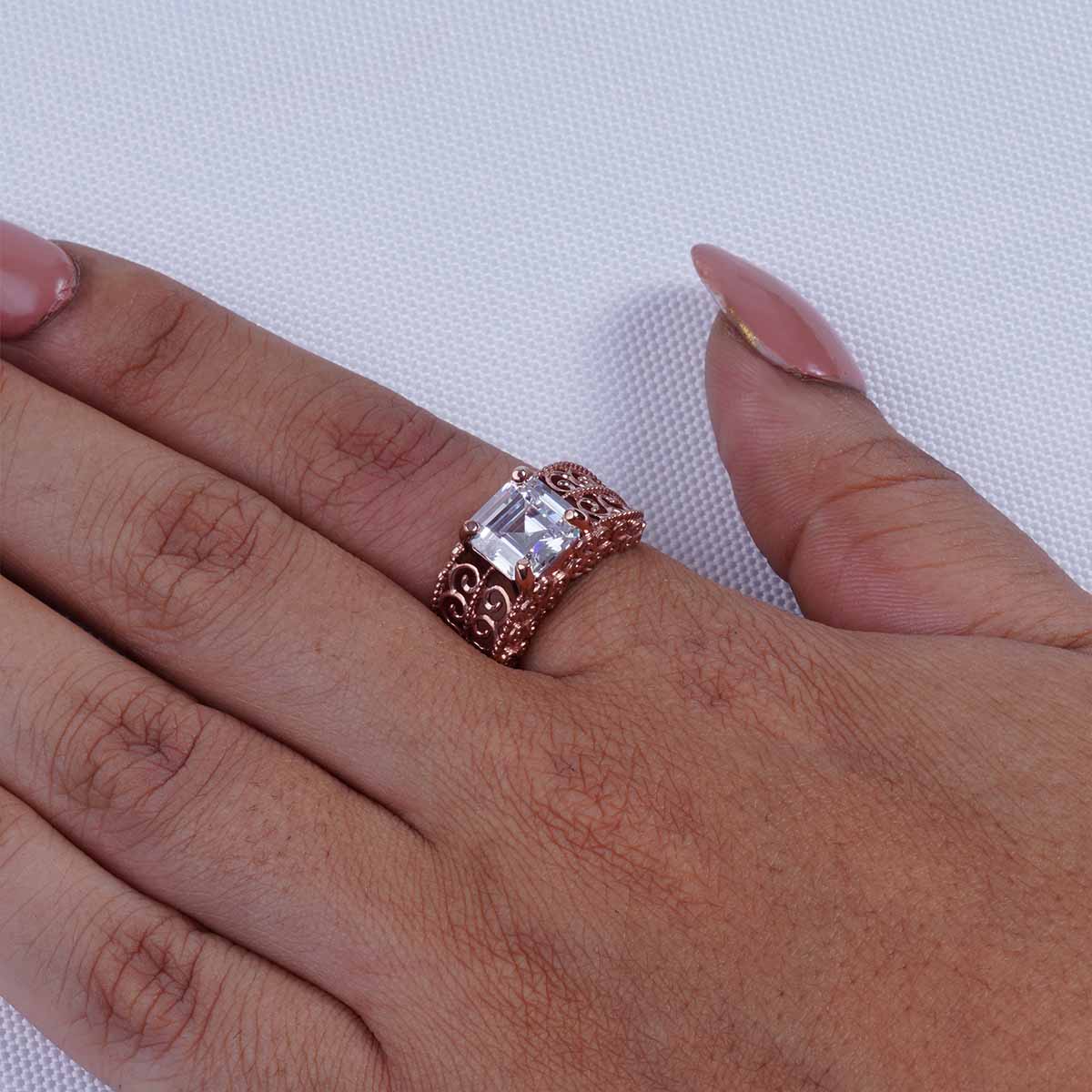 Filigree Art Deco Ring 3CT Asscher Cut Solitaire Cubic Zirconia
