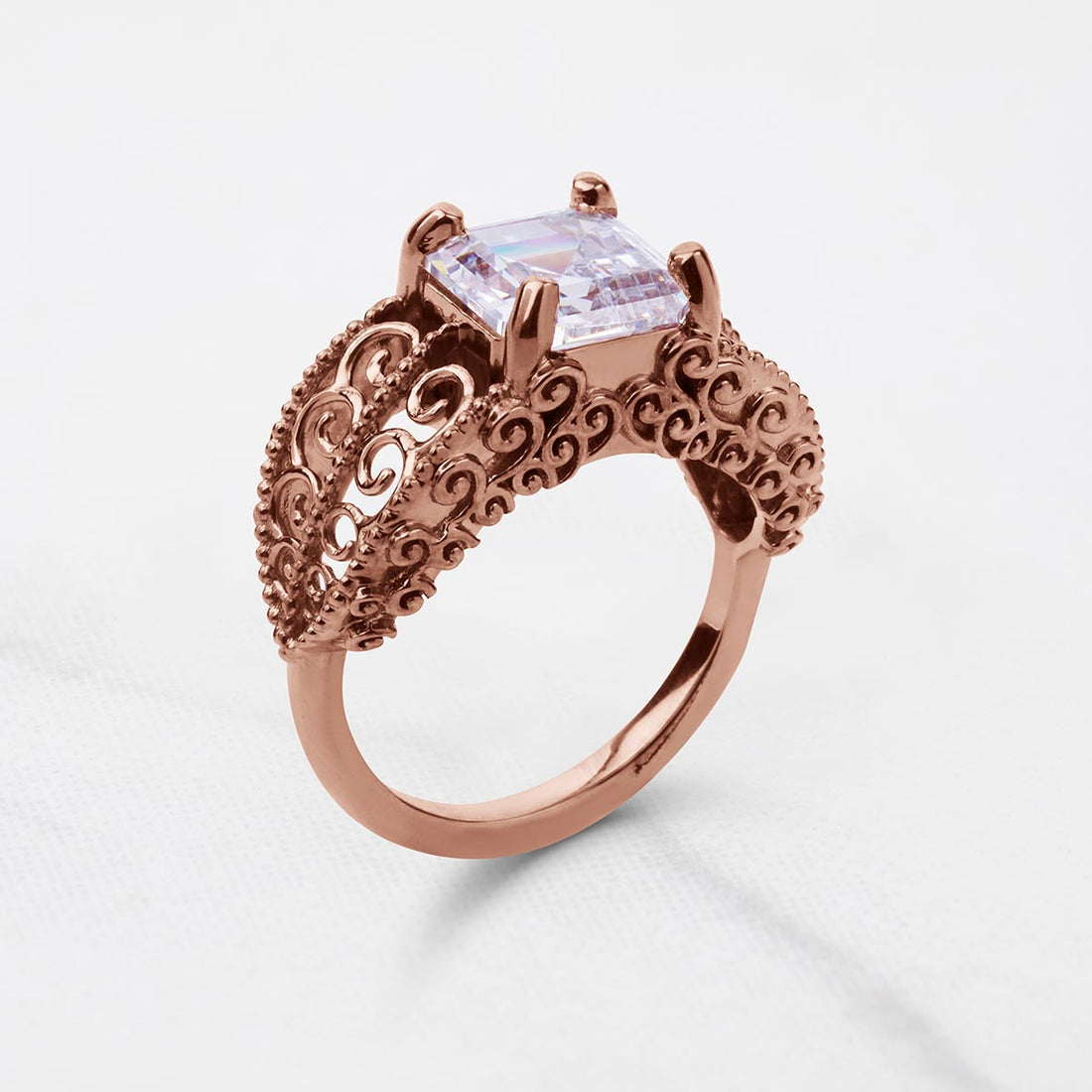 Vintage Filigree Art Deco  Asscher Cut Solitaire Moissanite Engagement Statement Wedding Ring Silver Rose Gold