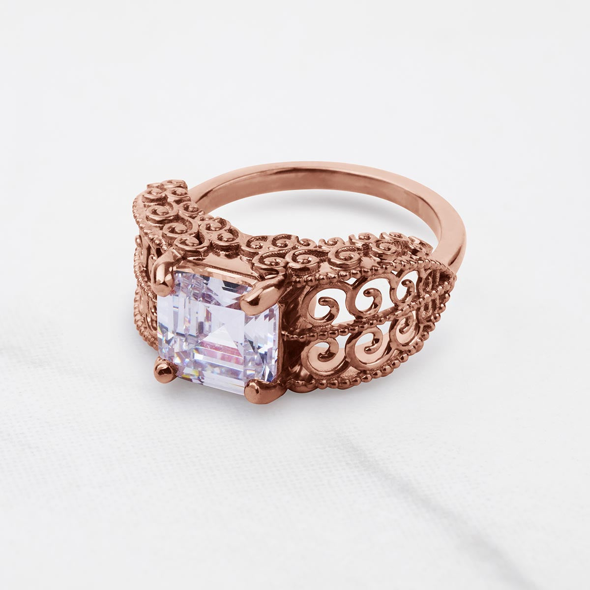 Vintage Filigree Art Deco  Asscher Cut Solitaire Moissanite Engagement Statement Wedding Ring Silver Rose Gold
