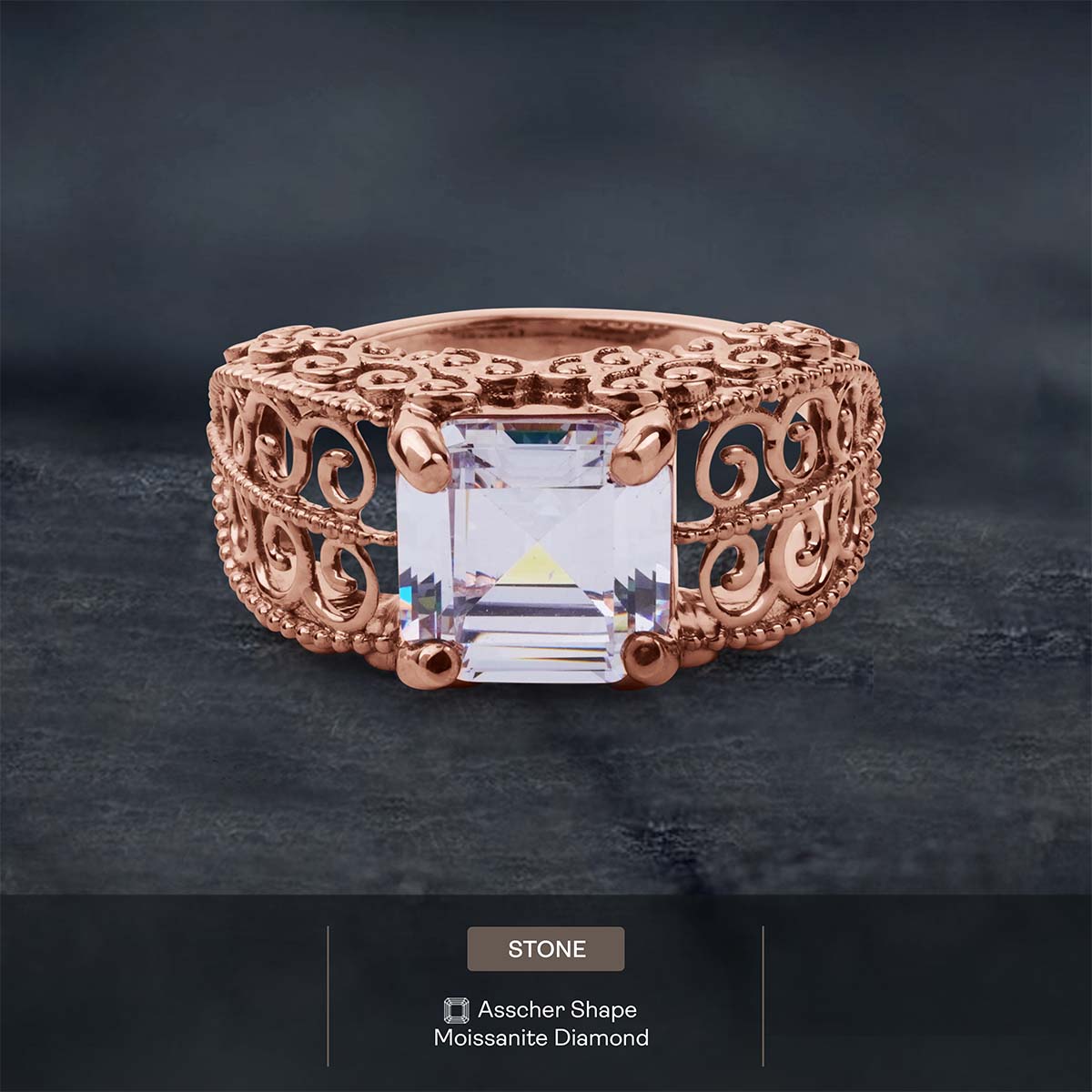 Vintage Filigree Art Deco  Asscher Cut Solitaire Moissanite Engagement Statement Wedding Ring Silver Rose Gold