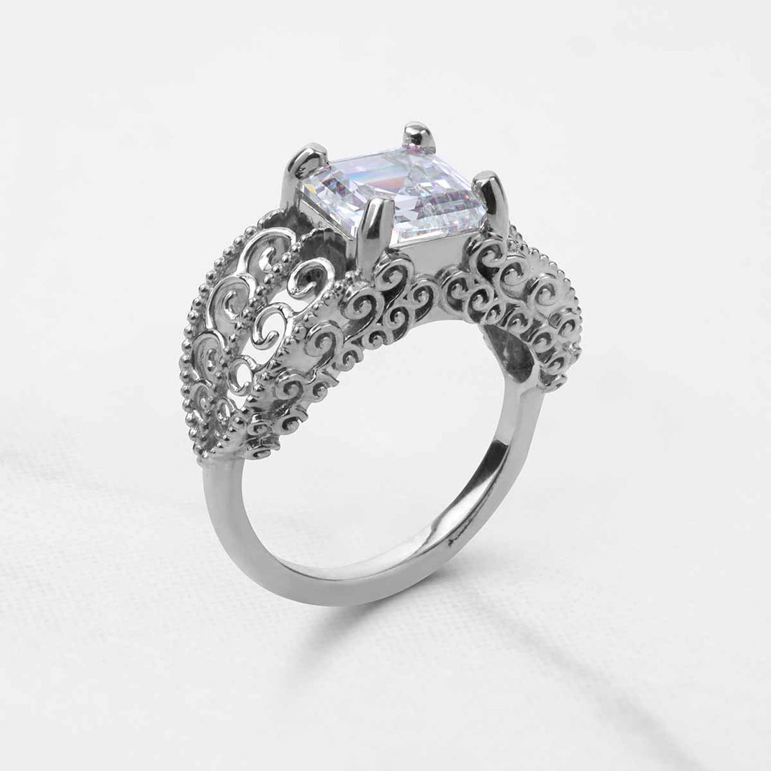 Vintage Filigree Art Deco  Asscher Cut Solitaire Moissanite Engagement Statement Wedding Ring Silver Rose Gold