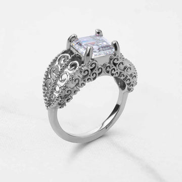 Vintage Filigree Art Deco  Asscher Cut Solitaire Moissanite Engagement Statement Wedding Ring Silver Rose Gold