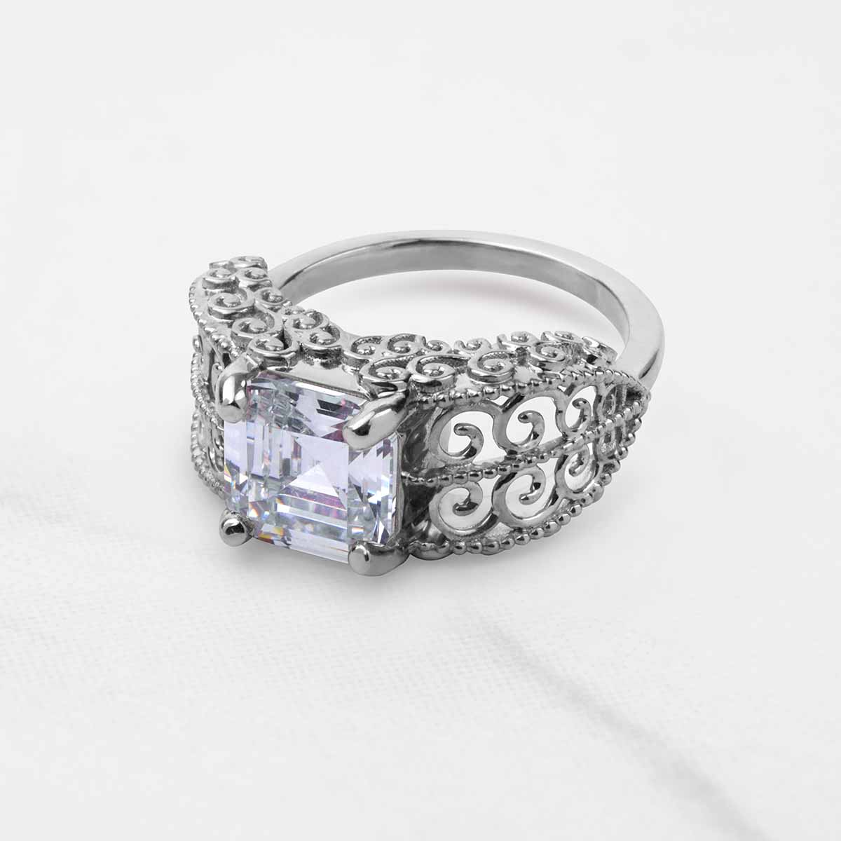 Vintage Filigree Art Deco  Asscher Cut Solitaire Moissanite Engagement Statement Wedding Ring Silver Rose Gold