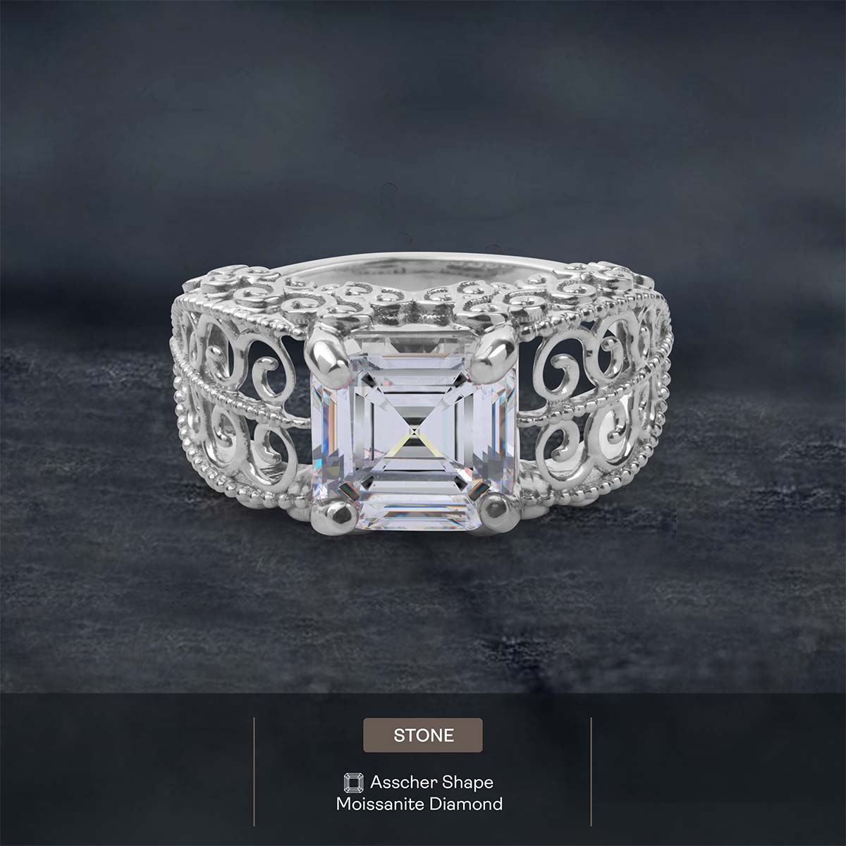 Vintage Filigree Art Deco  Asscher Cut Solitaire Moissanite Engagement Statement Wedding Ring Silver Rose Gold