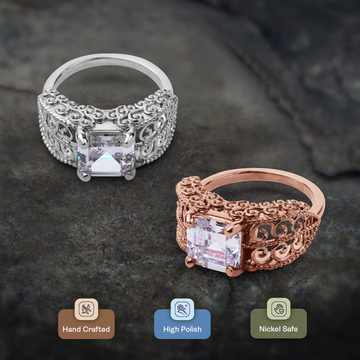 Vintage Filigree Art Deco  Asscher Cut Solitaire Moissanite Engagement Statement Wedding Ring Silver Rose Gold