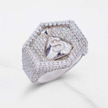 Dollar Sign Money Bag Ring Hexagon Iced Out Hip Hop Jewelry