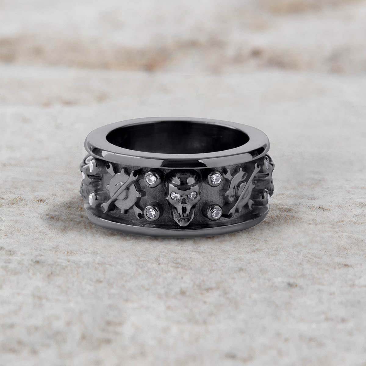 Mechanic Wrench Skull Band for Men Badass Bikers Ring Silver