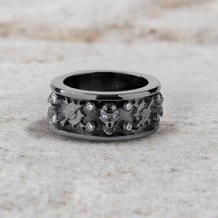 Mechanic Wrench Skull Band for Men Badass Bikers Ring Silver
