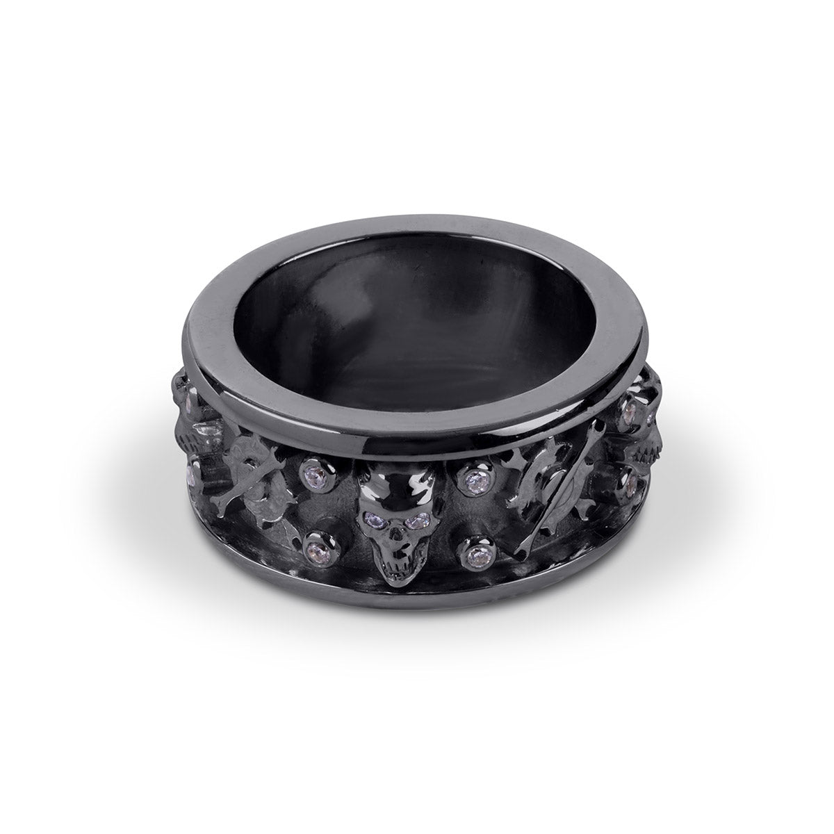 men's black skull wedding band with mechanical gear and spanner design in gun metal finished sterling silver