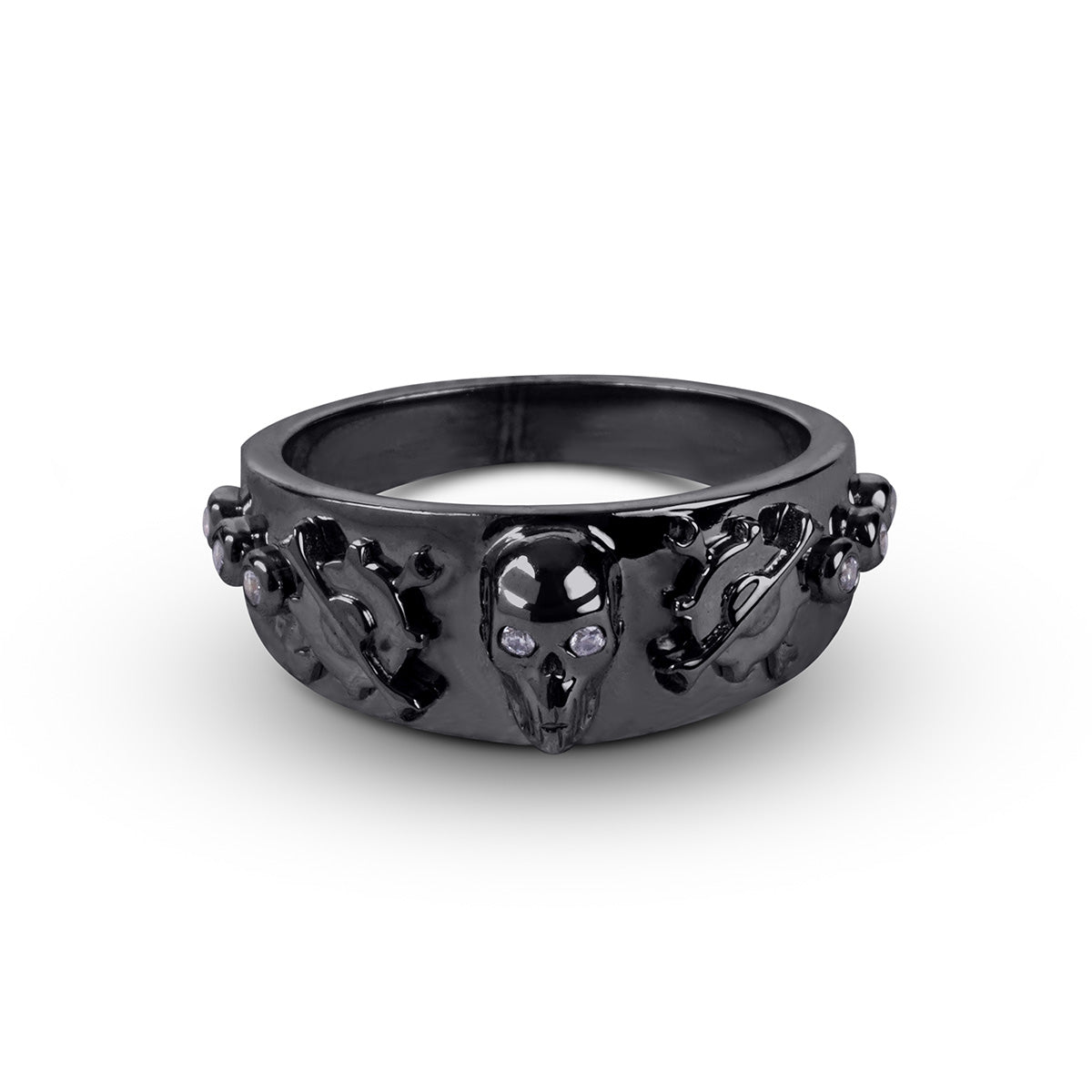 Black mechanical skull wedding band in gun metal plated sterling silver